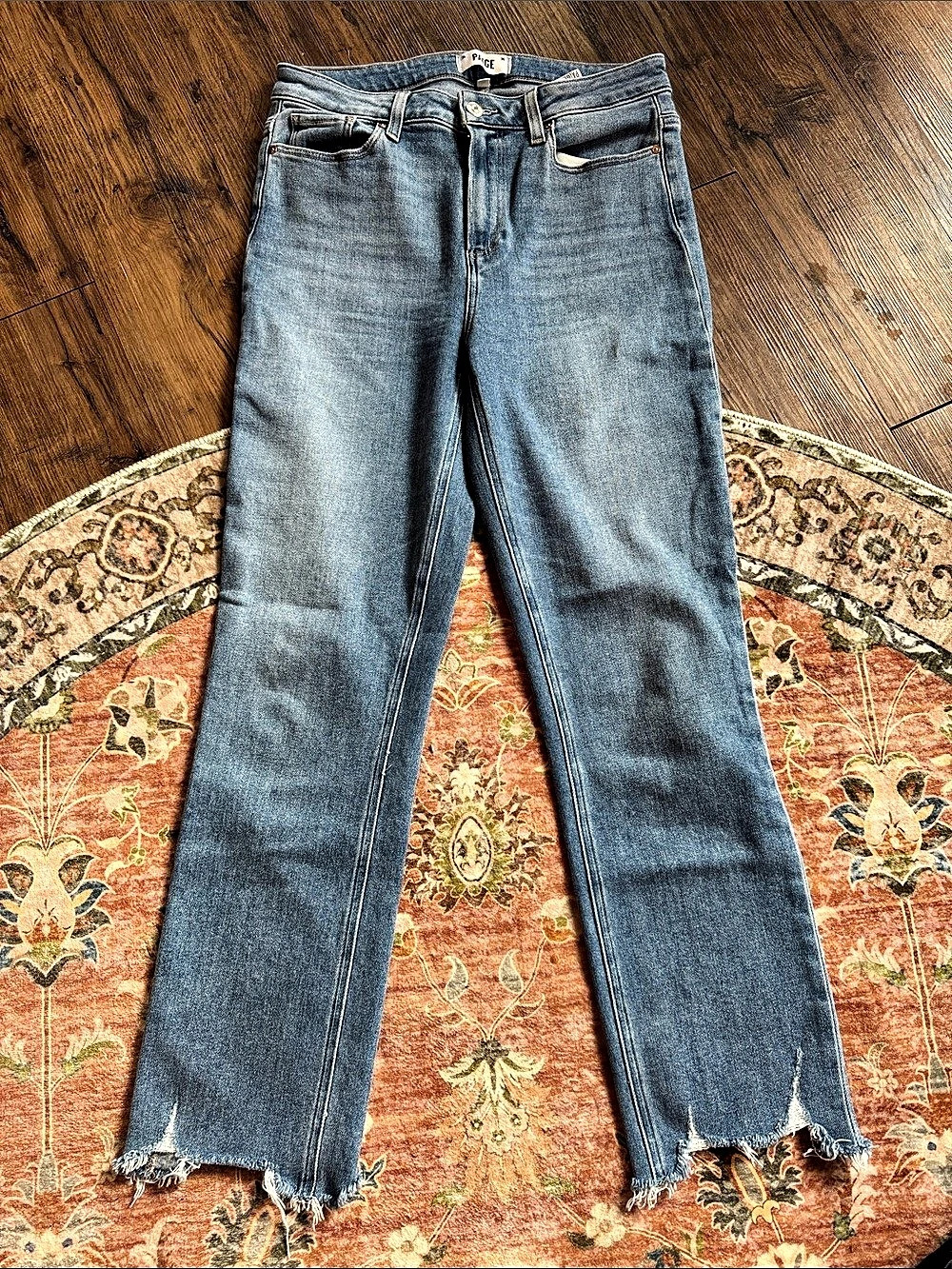 Paige Cindy High Rise Straight Leg Jeans in Blue Raw Hem Waist 29